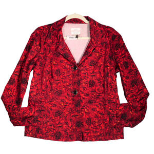 Christopher Banks Womens XL Red Multi Blazer Jacket Cotton Stretch Modern Chic